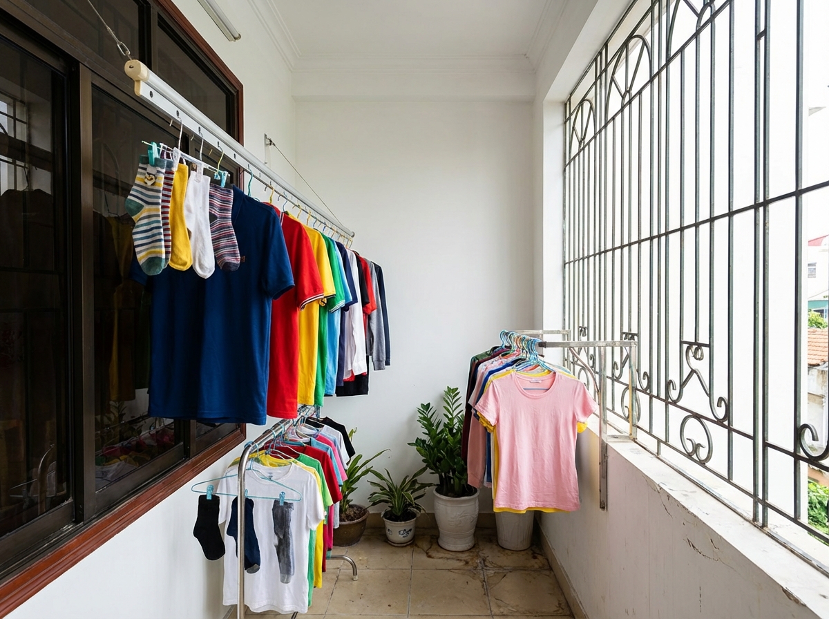 Quần áo phơi trên dây trong phòng gọn gàng – giải pháp khi không có điều kiện phơi ngoài trời