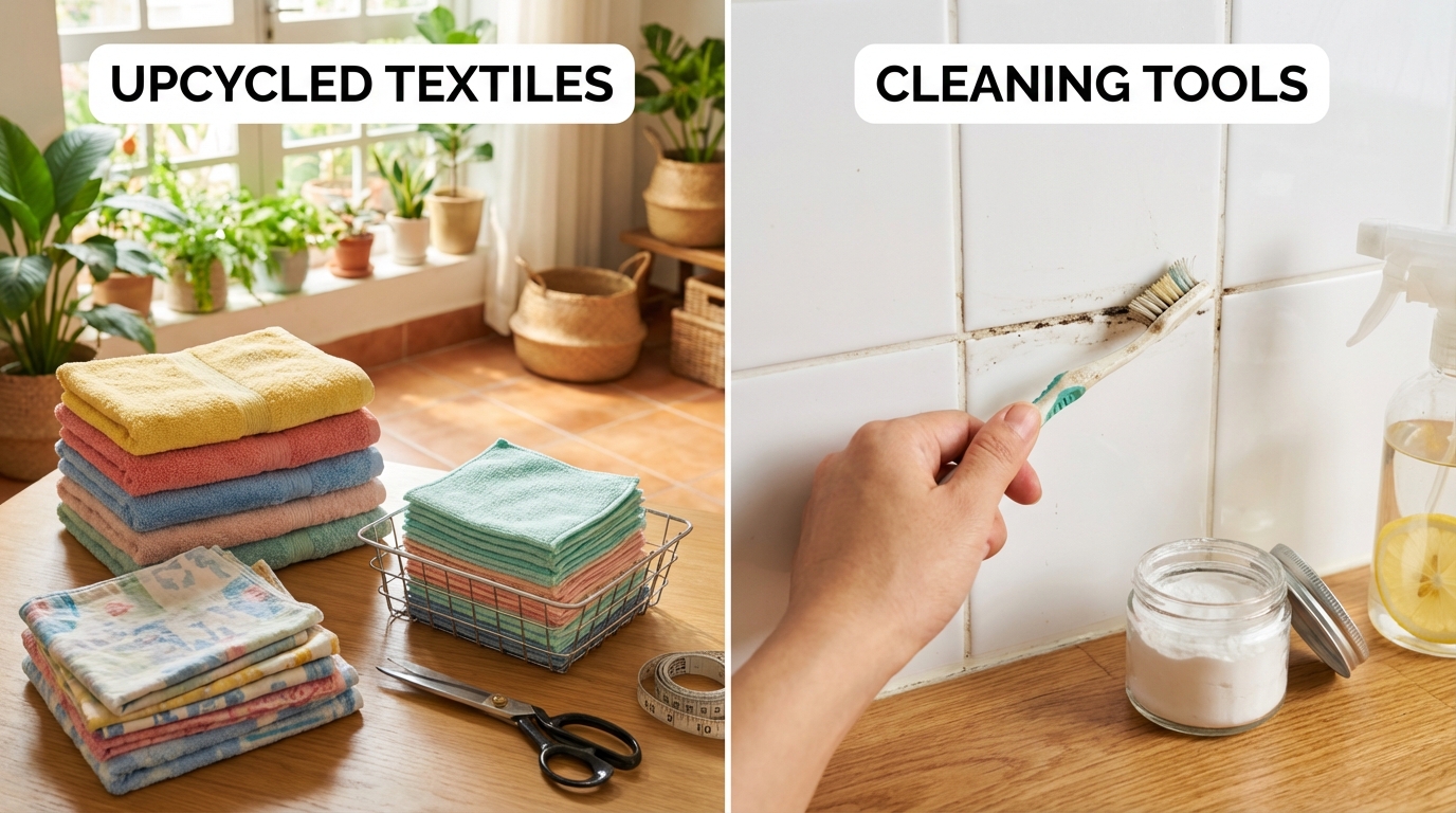 Khăn tắm cũ cắt thành giẻ lau và bàn chải cũ dùng cọ khe gạch