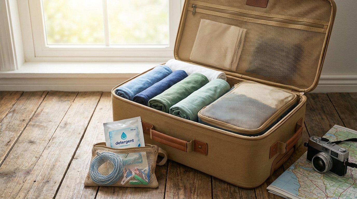 Vali du lịch mở với quần áo cuộn gọn và kit giặt đồ mini