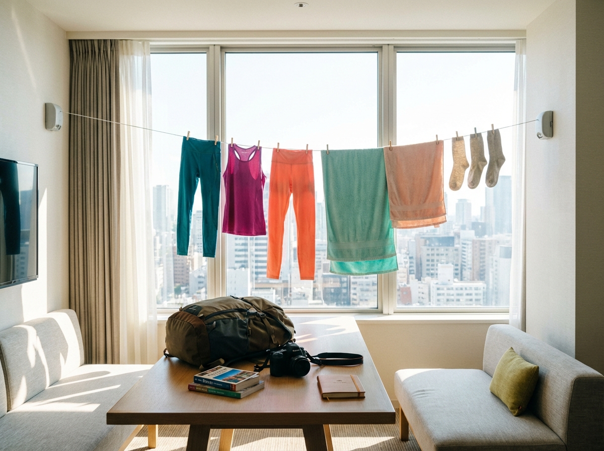 Quần áo phơi trên dây trong phòng khách sạn với view cửa sổ đẹp