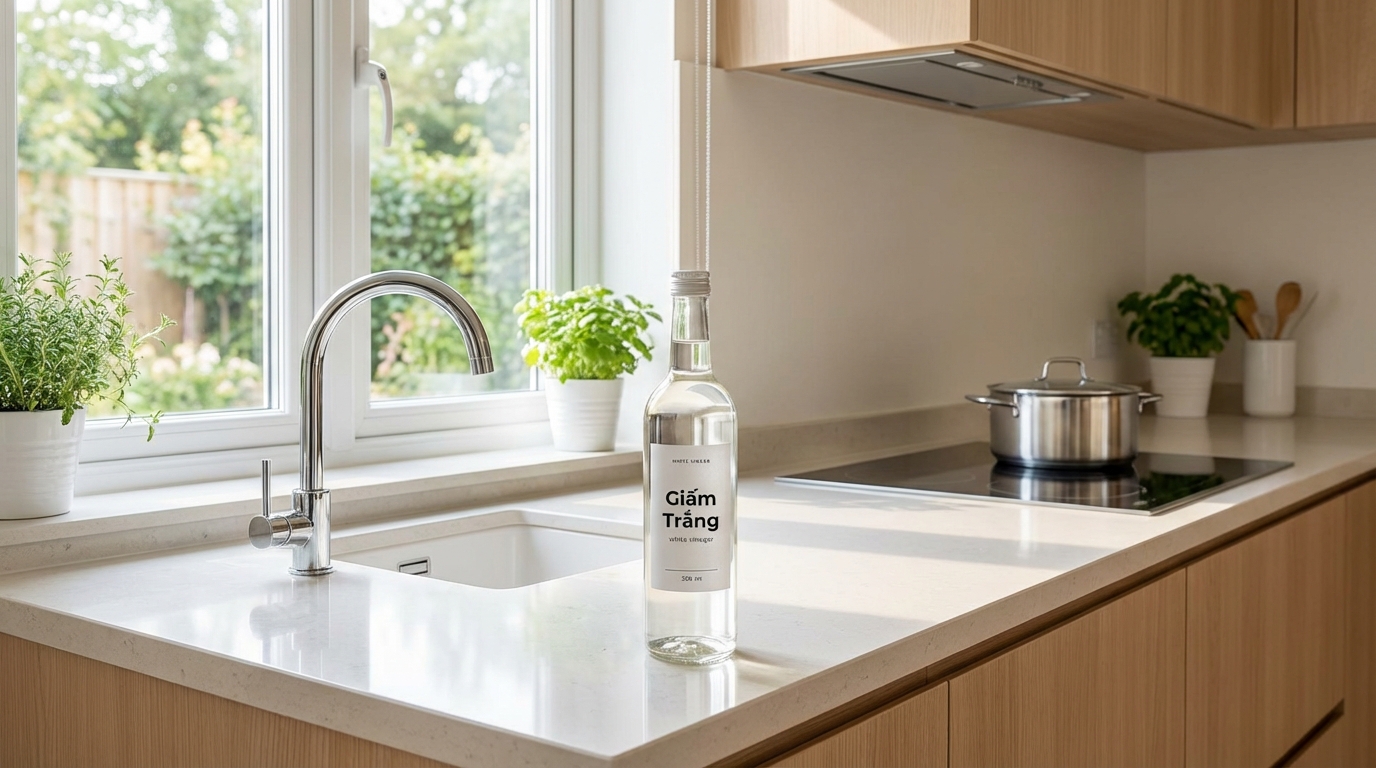 Chai giấm trắng bên cạnh các bề mặt sạch bóng: vòi nước, kính, bếp