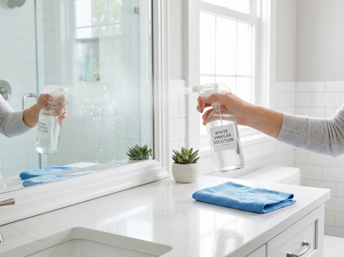 Tay xịt giấm lên kính, bên cạnh là giẻ microfiber