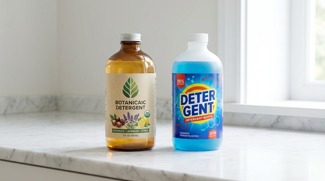 Chai nước giặt organic với lá xanh bên cạnh chai nước giặt thông thường