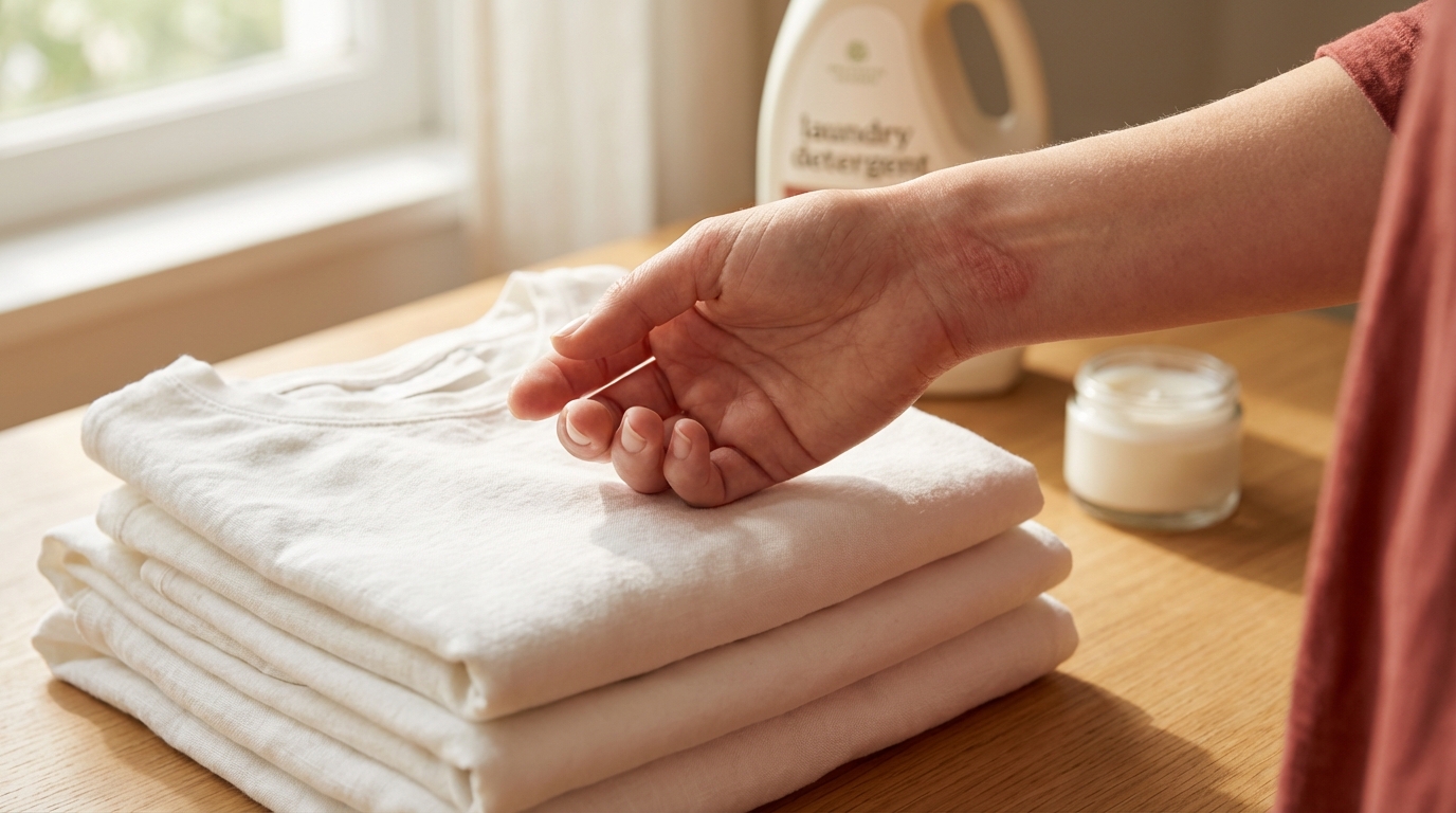 Tay chạm vào quần áo mới giặt với cảnh báo dị ứng nhẹ