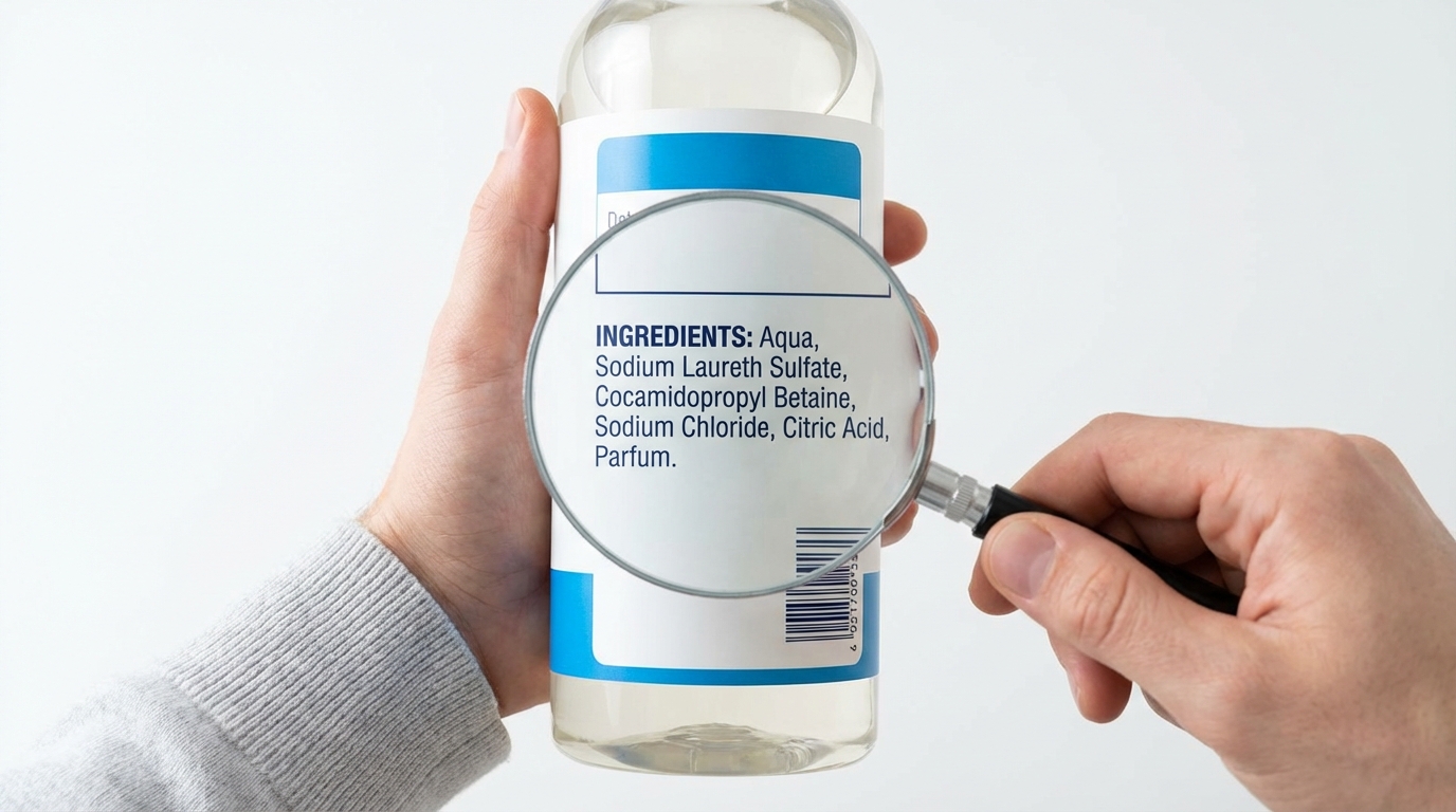 Chai nước giặt với nhãn thành phần được phóng to qua kính lúp