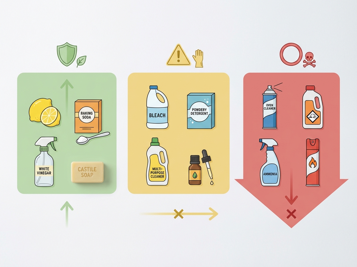 Infographic thành phần nước giặt với mức độ an toàn: xanh an toàn, vàng cần chú ý, đỏ nên tránh