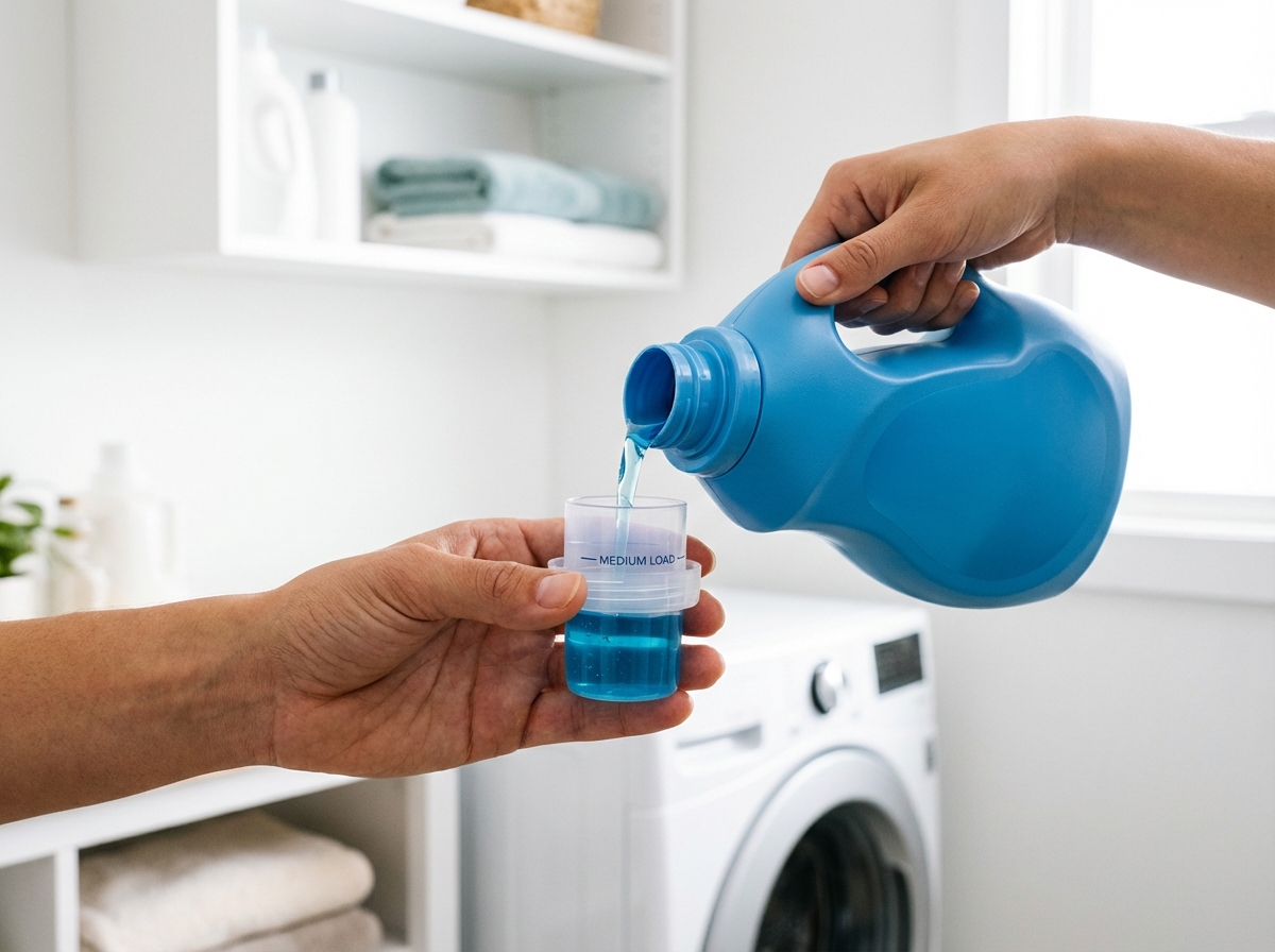 Tay đổ nước giặt đúng liều vào nắp chai đo