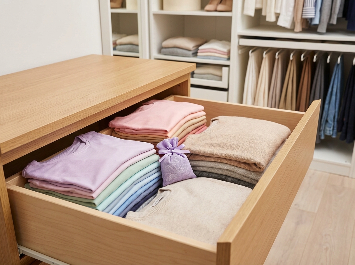 Quần áo gấp đúng cách xếp gọn trong ngăn tủ với túi thơm