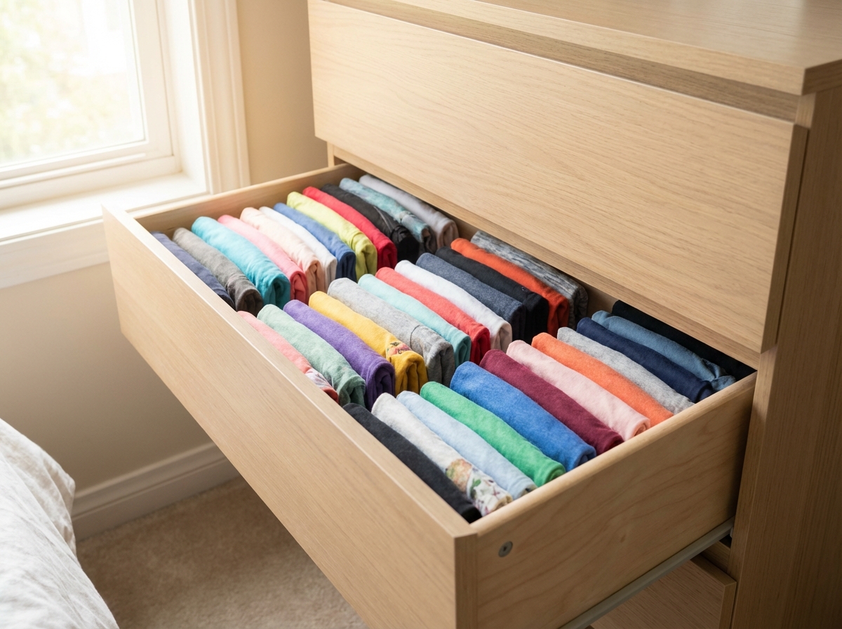 Ngăn kéo với quần áo được gấp theo phương pháp KonMari đứng thẳng hàng