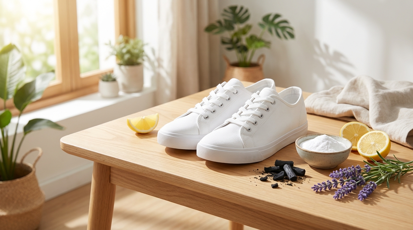 Giày sneaker trắng bên cạnh nguyên liệu khử mùi tự nhiên: baking soda, chanh và than hoạt tính