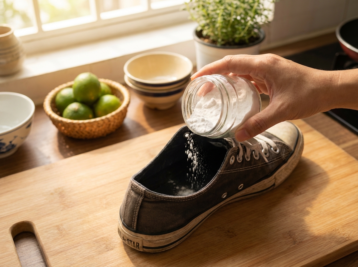 Cận cảnh baking soda được rắc vào bên trong giày