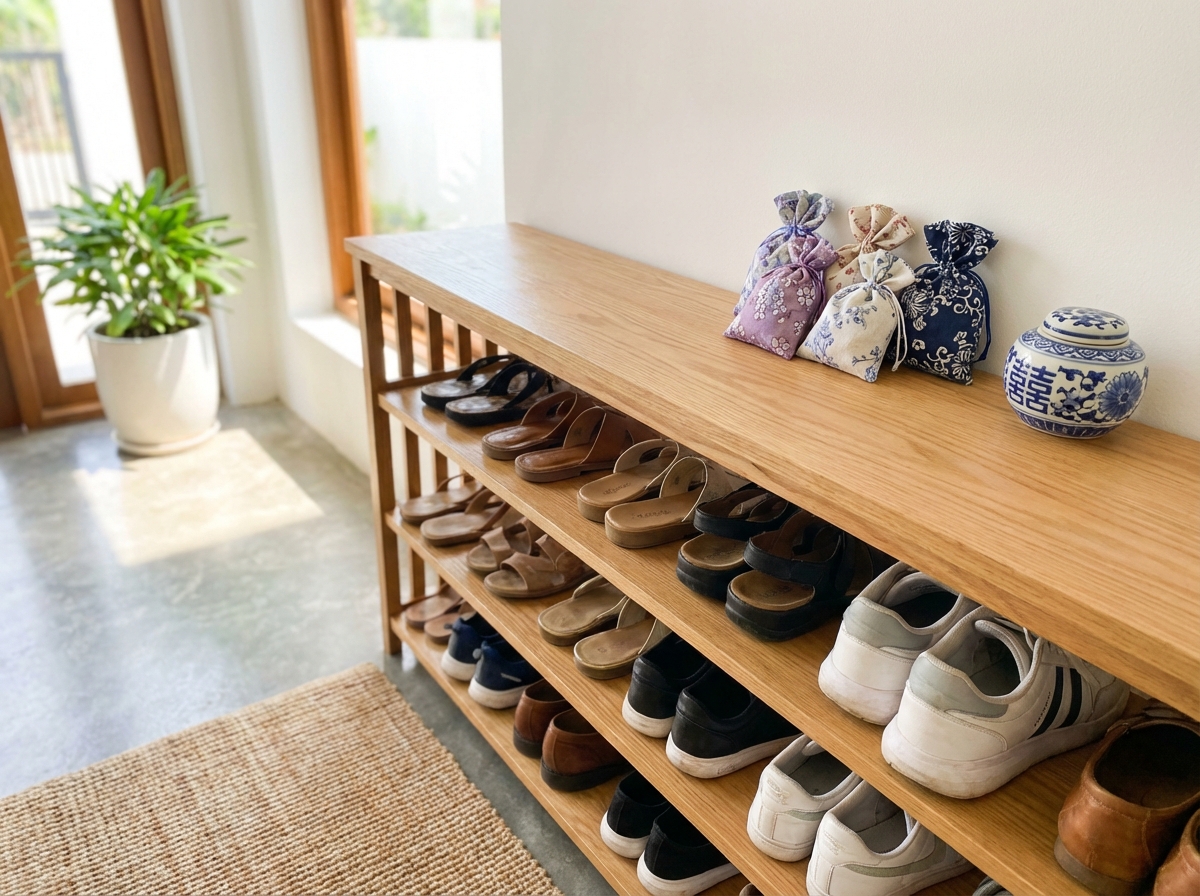 Sáp thơm và túi thơm đặt bên tủ giày được sắp xếp gọn gàng