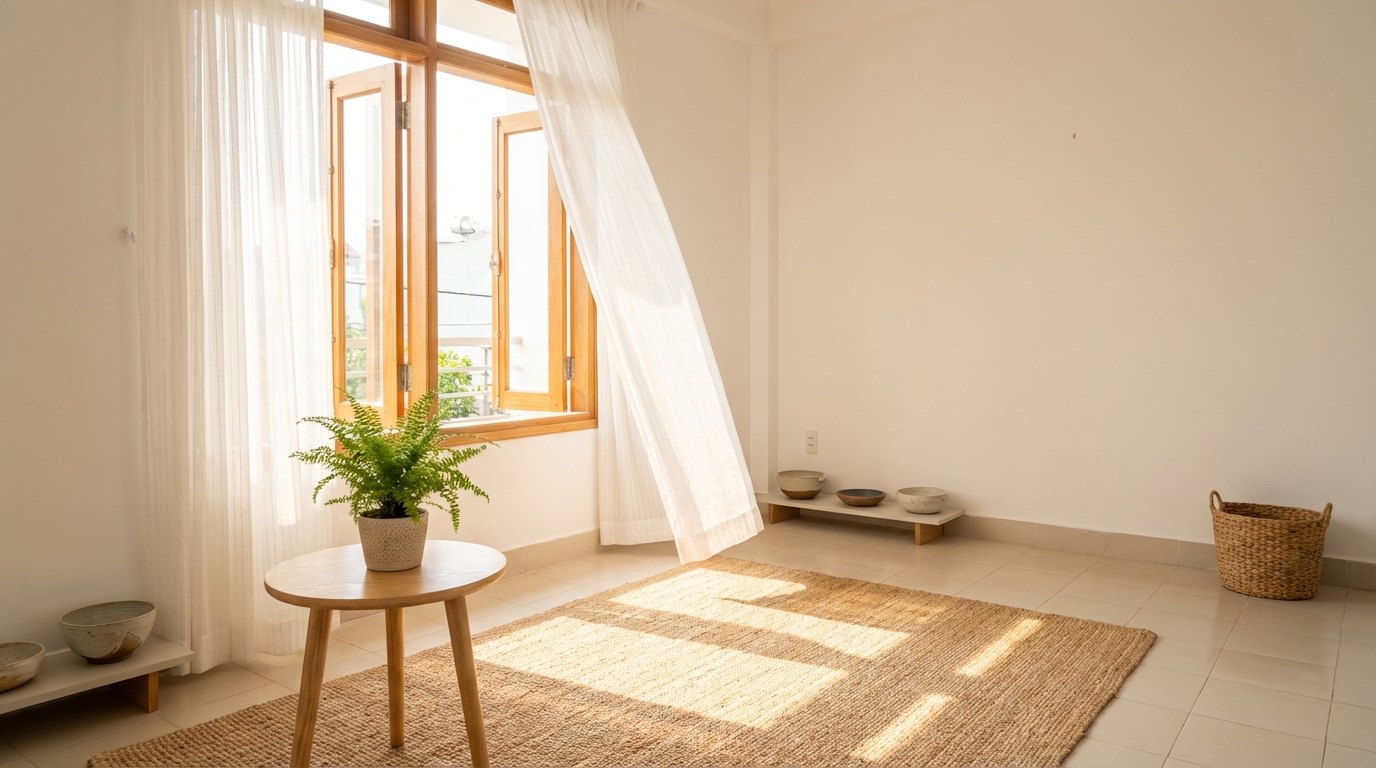 Phòng mới sơn tường trắng với cửa sổ mở rộng, rèm bay nhẹ và chậu cây xanh trên bàn gỗ