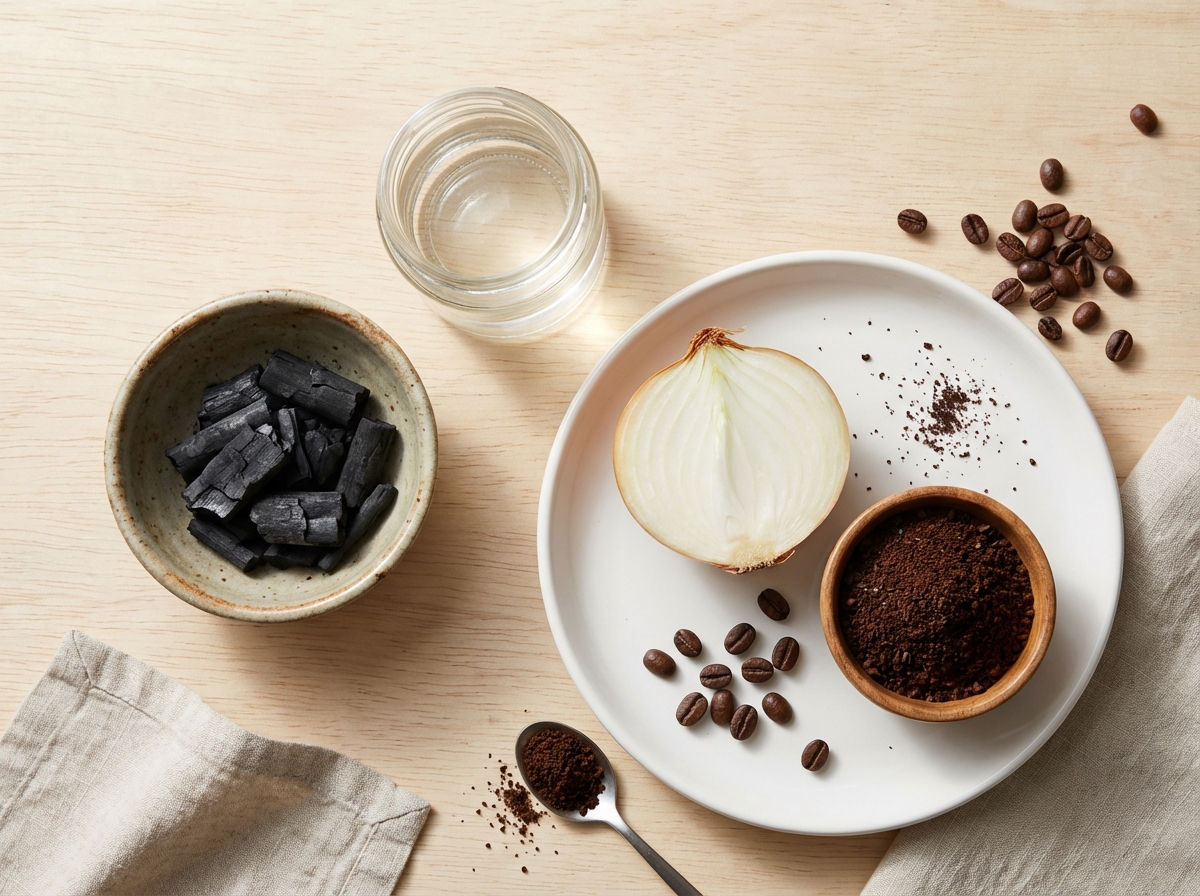 Nguyên liệu tự nhiên khử mùi sơn: than hoạt tính, giấm trắng, hành tây cắt đôi và cà phê xay bày trên bàn gỗ