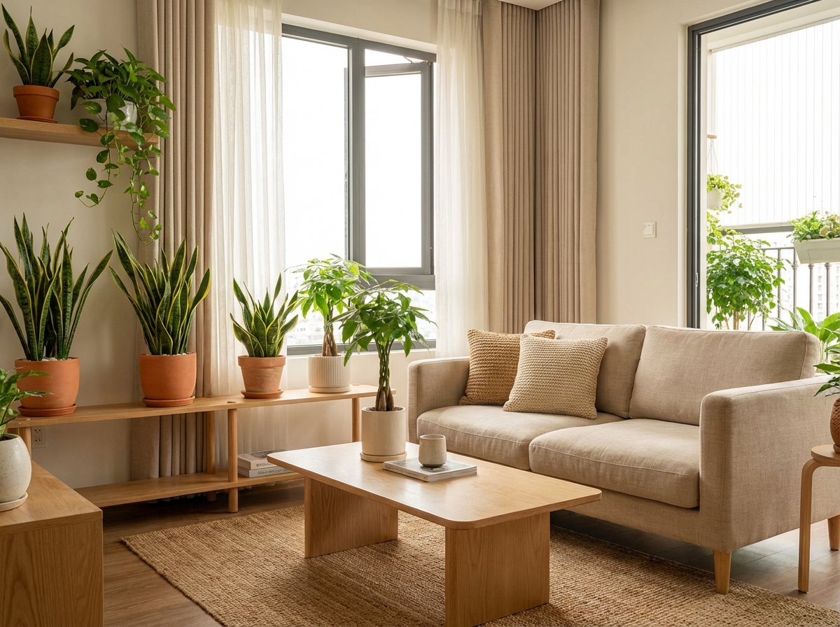 Phòng khách Việt Nam sáng sủa với nhiều cây xanh lọc không khí: lưỡi hổ, trầu bà, cây kim tiền trên kệ và bàn