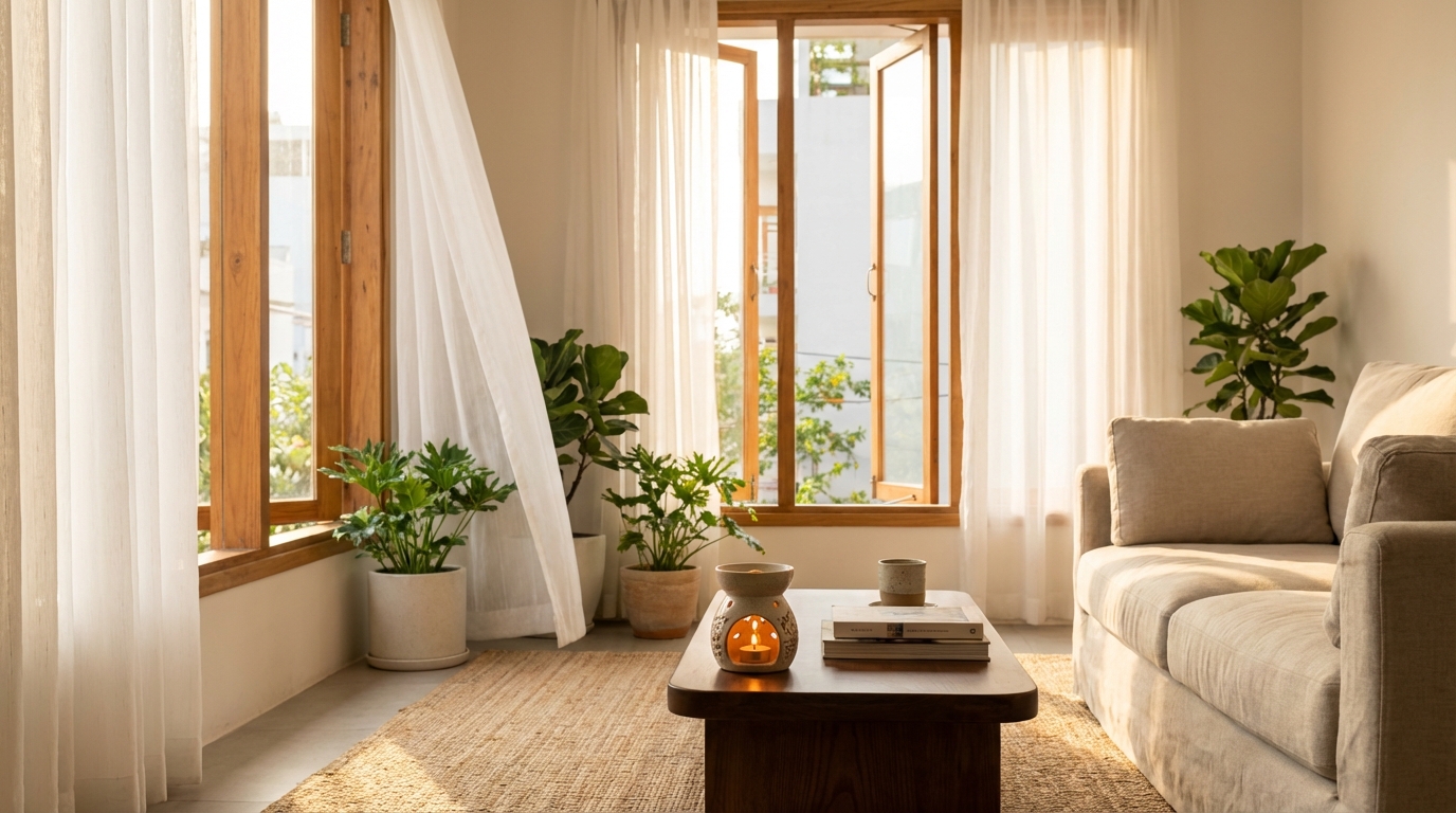 Phòng khách Việt Nam sạch sẽ sáng sủa với cửa sổ mở và sáp thơm trên bàn cà phê