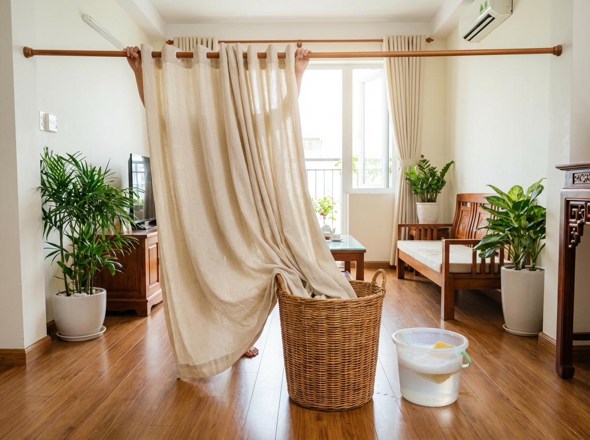Rèm cửa được tháo xuống để giặt bên cạnh xô nước và chất tẩy - vệ sinh sâu phòng có mùi thuốc