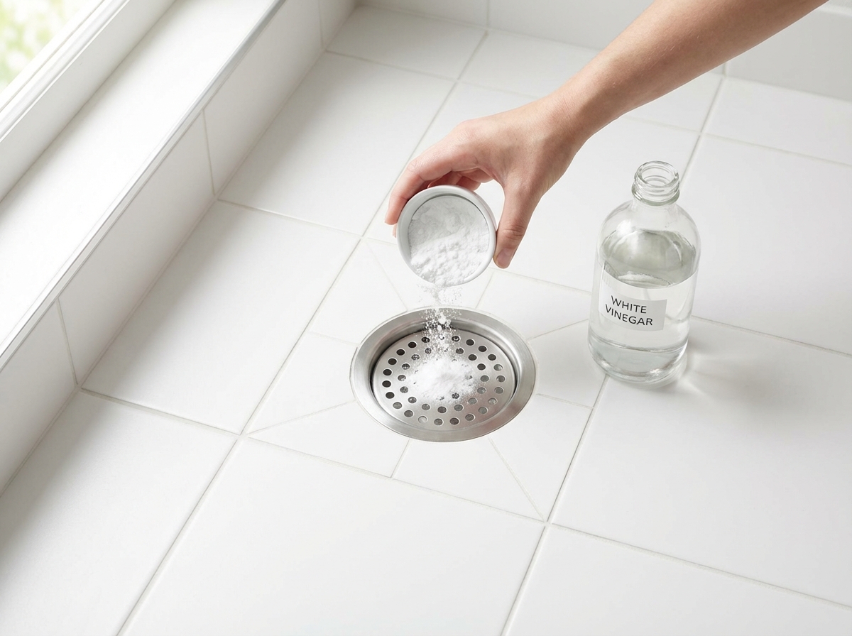 Cận cảnh đổ baking soda và giấm vào cống thoát nước