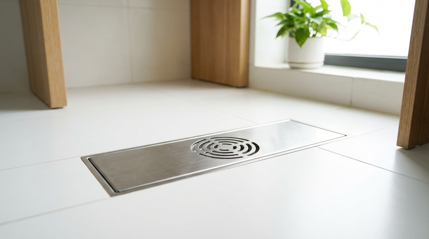 Nắp chặn mùi cống inox lắp đặt gọn gàng trên sàn nhà tắm