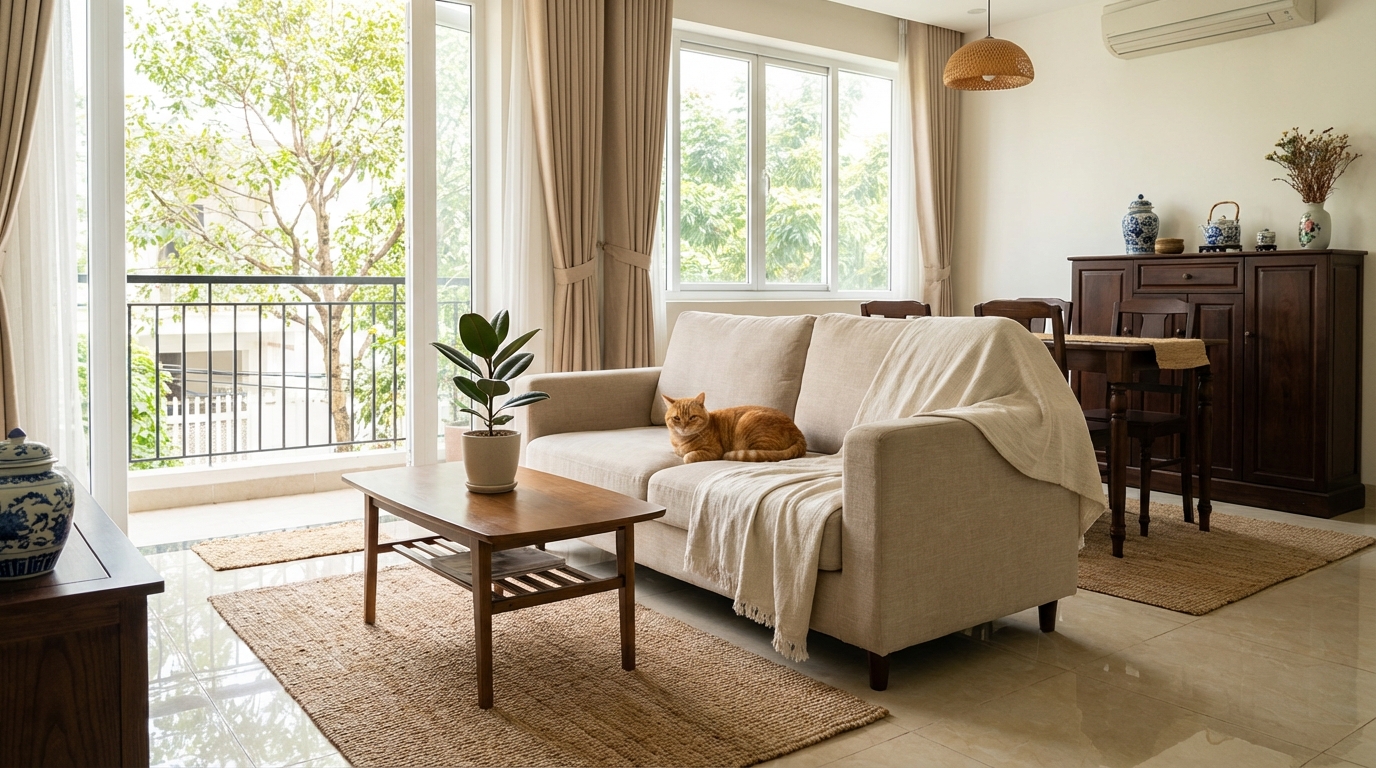 Phòng khách Việt Nam sạch sẽ sáng sủa với chú mèo cam dễ thương nằm trên sofa, không gian gọn gàng thoáng mát