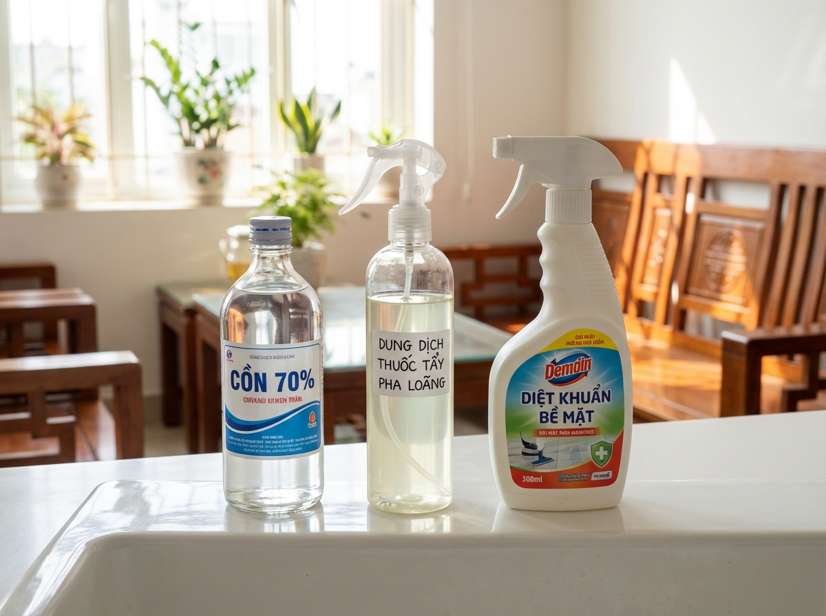 Ba loại dung dịch diệt khuẩn: cồn 70%, nước tẩy pha loãng và xịt khử khuẩn chuyên dụng