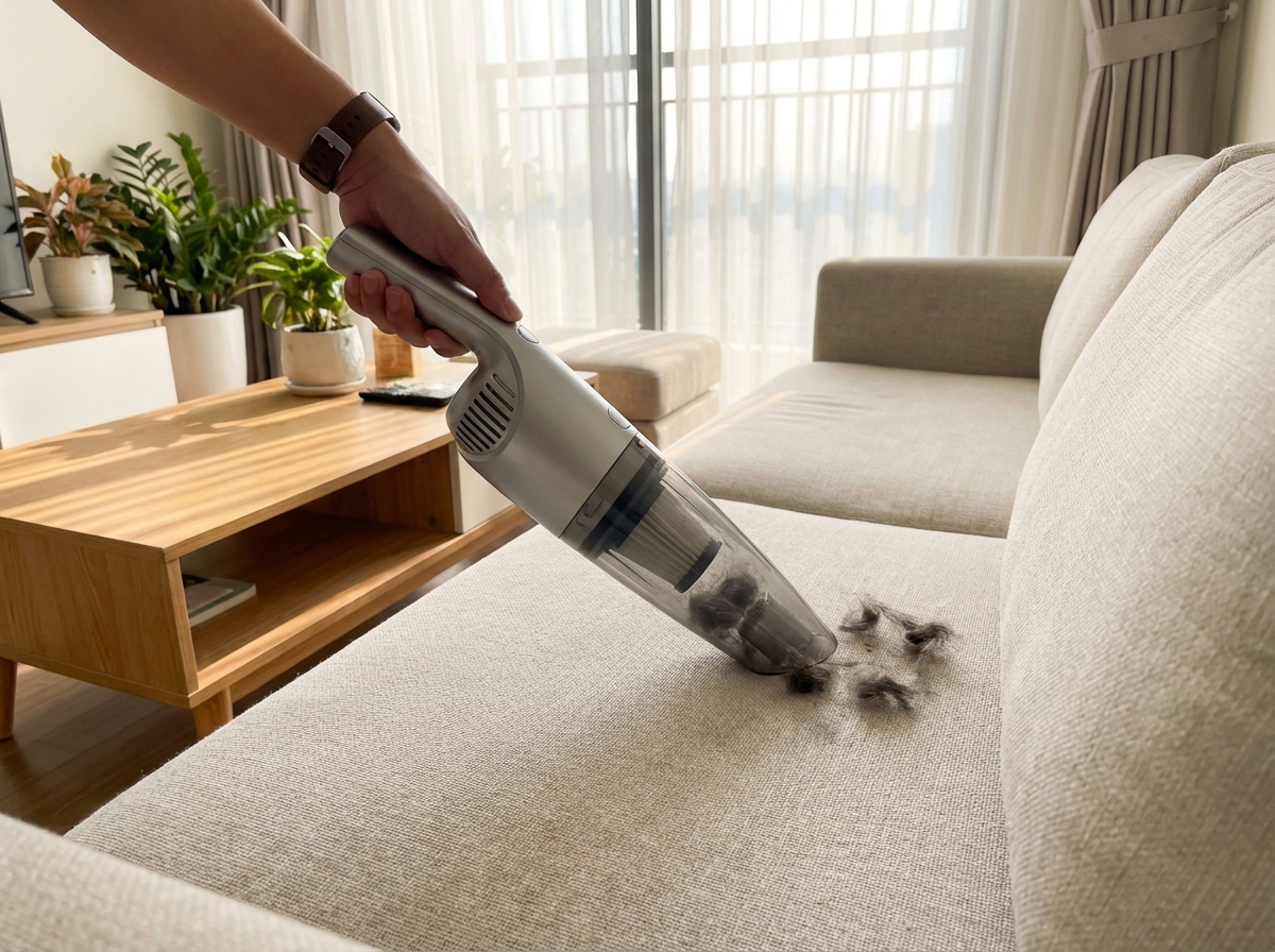 Cận cảnh tay đang dùng máy hút bụi để hút lông thú cưng trên sofa vải sáng màu