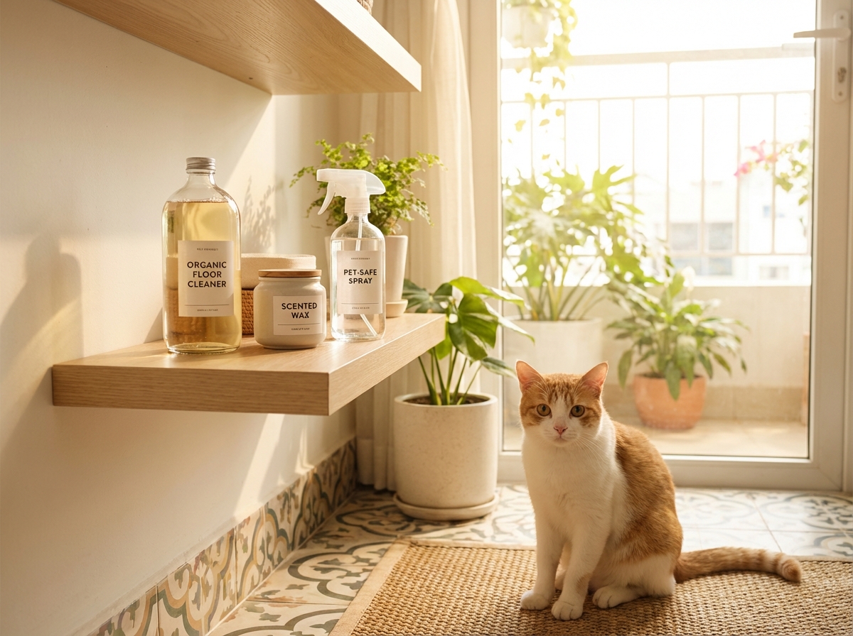 Bộ sản phẩm vệ sinh an toàn cho thú cưng trên kệ gỗ, chú mèo ngồi nhìn tò mò bên cạnh