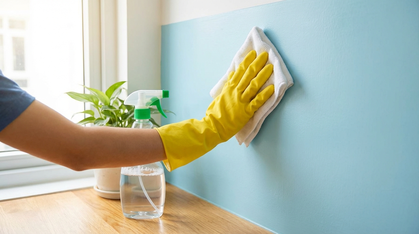 Tay lau tường bằng dung dịch diệt mốc với găng tay bảo hộ