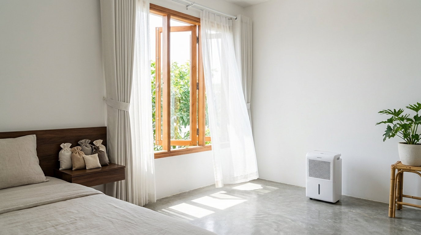 Phòng ngủ thoáng mát với máy hút ẩm và túi hút ẩm trên kệ