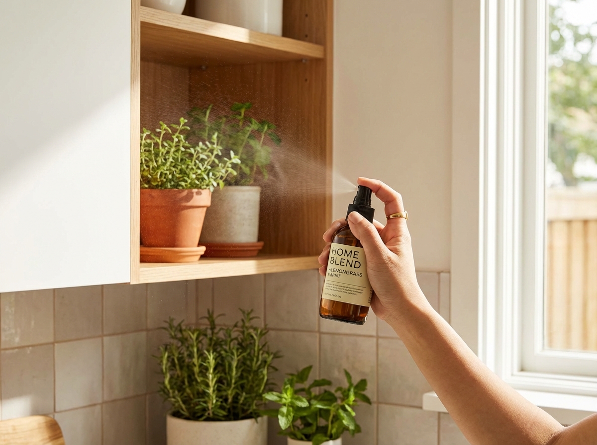 Tay xịt dung dịch tinh dầu tự nhiên vào góc bếp để đuổi côn trùng