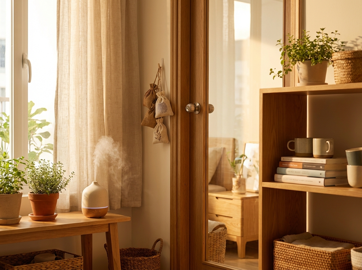 Góc nhà sạch sẽ với tinh dầu và túi thơm đặt ở vị trí chiến lược để đuổi côn trùng