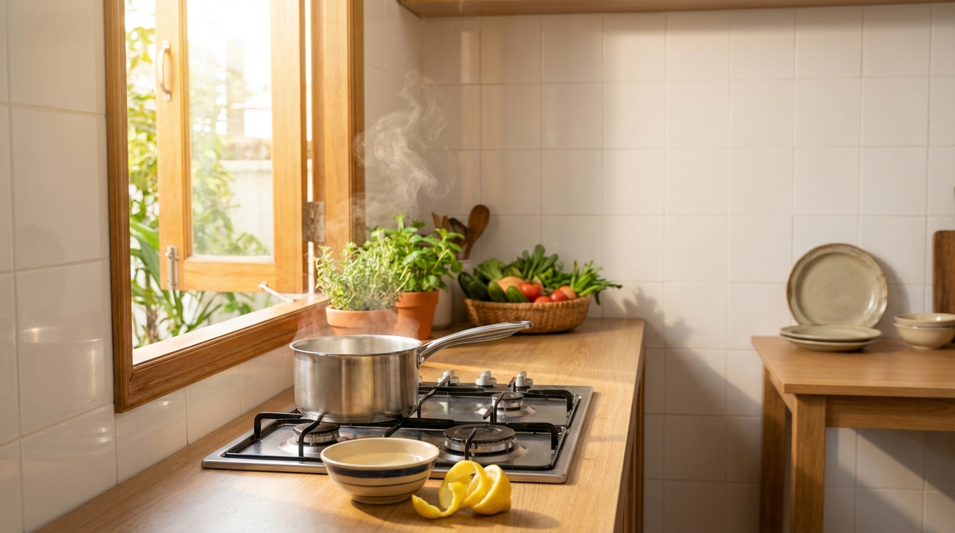 Bếp Việt Nam sạch sẽ thoáng mát với cửa sổ mở, nồi đang nấu và chén giấm cùng vỏ chanh bên cạnh