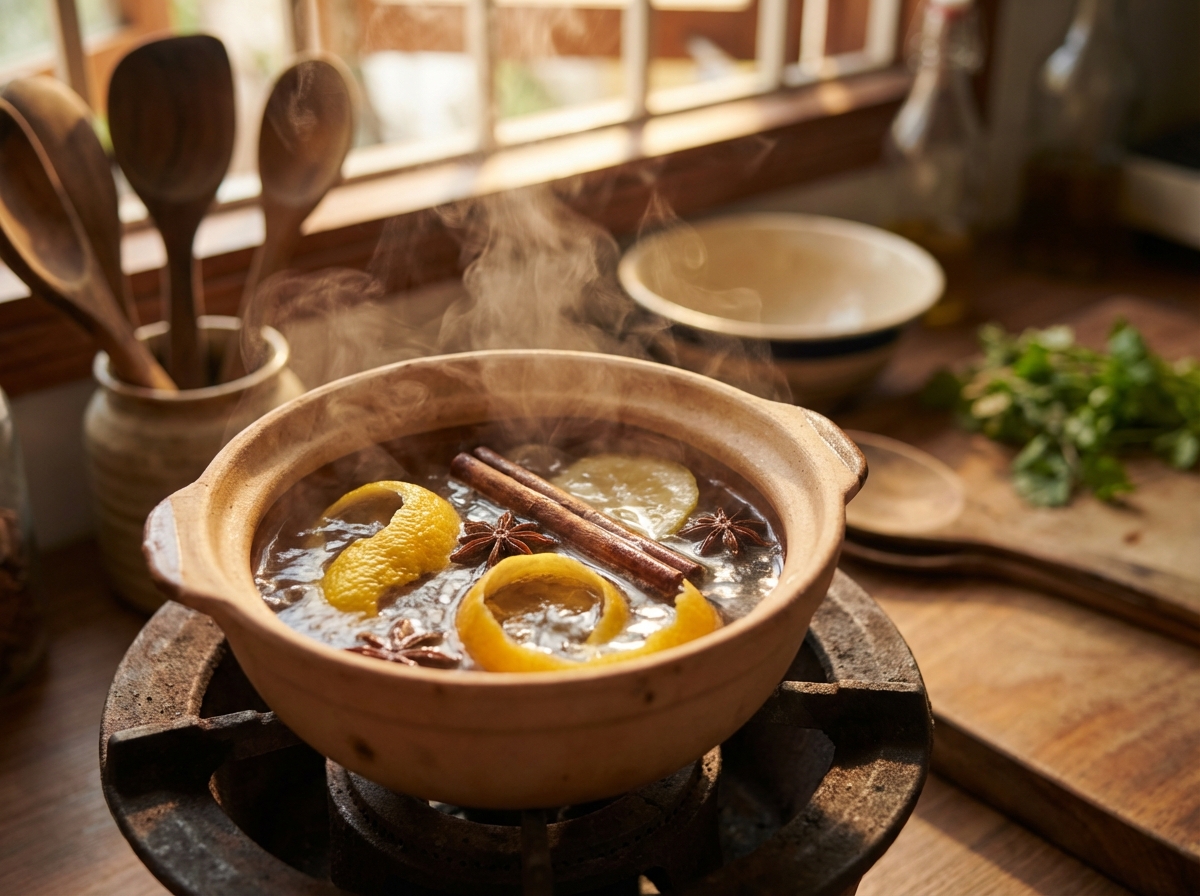 Nồi nước nhỏ đang đun vỏ chanh, quế và hoa hồi trên bếp, hơi nước bay lên thơm nhẹ