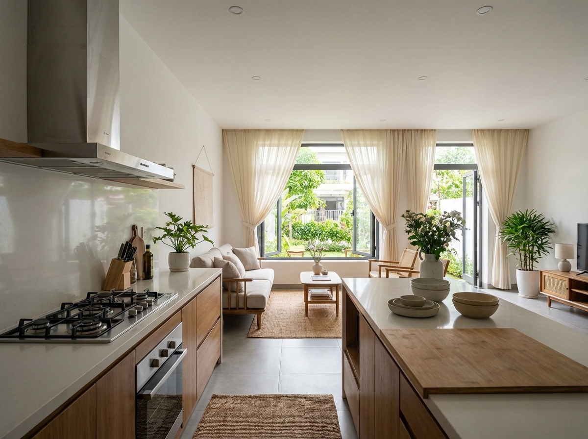 Phòng bếp liền phòng khách Việt Nam thoáng đẹp với máy hút mùi và cửa sổ mở rộng