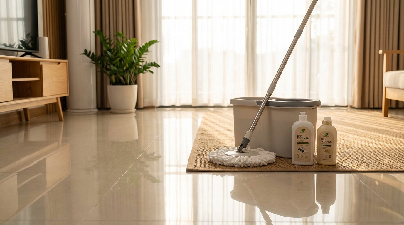 Sàn nhà Việt Nam sạch bóng với xô lau nhà và chai nước lau sàn bên cạnh