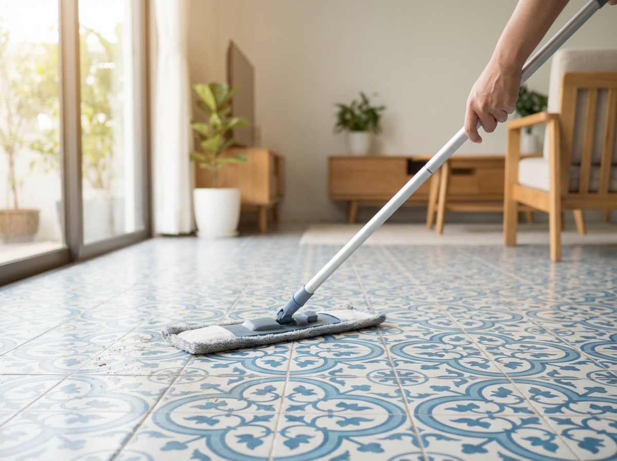 Tay lau sàn gạch men Việt Nam sạch bóng bằng cây lau phẳng hiện đại