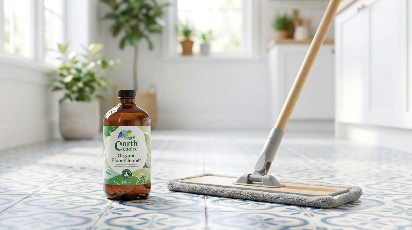 Chai nước lau sàn Earth Choice organic bên cạnh cây lau nhà trên sàn gạch sạch