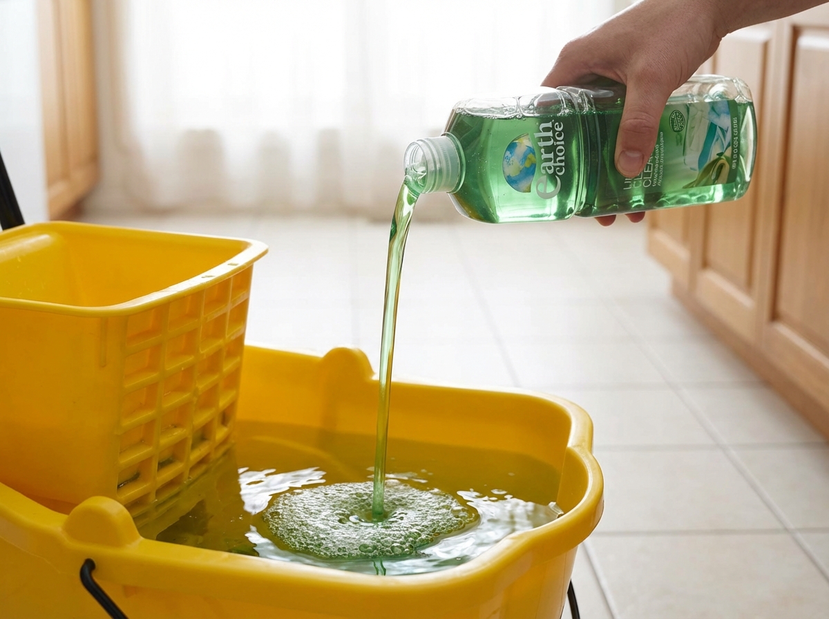Đang pha nước lau sàn Earth Choice vào xô, thấy rõ kết cấu dung dịch xanh trong