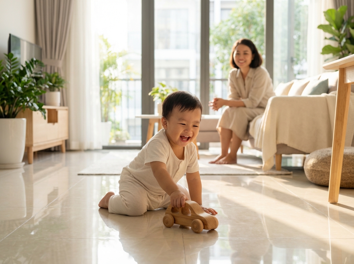 Trẻ nhỏ Việt Nam vui chơi trên sàn nhà sạch bóng, mẹ nhìn an tâm ở phía sau