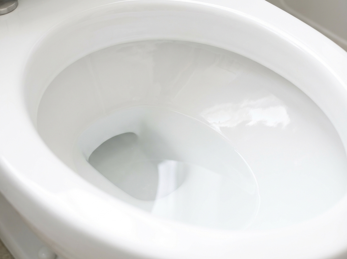 Bồn cầu trắng bóng sạch sau khi tẩy với nước tẩy chuyên dụng