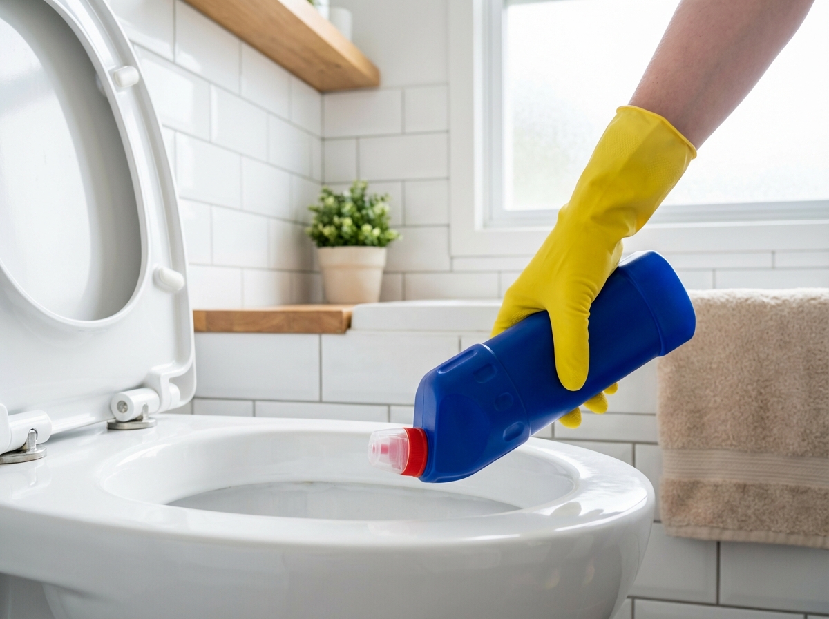 Tay đeo găng cầm chai nước tẩy bồn cầu xịt vào dưới viền - hướng dẫn cách dùng đúng