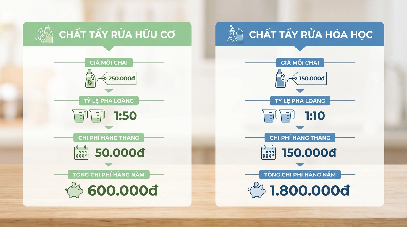 Infographic so sánh chi phí nước lau sàn organic và hóa chất theo năm