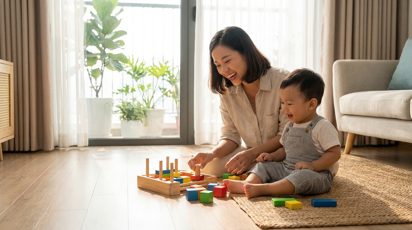 Mẹ và bé chơi vui vẻ trên sàn nhà sạch sẽ an toàn