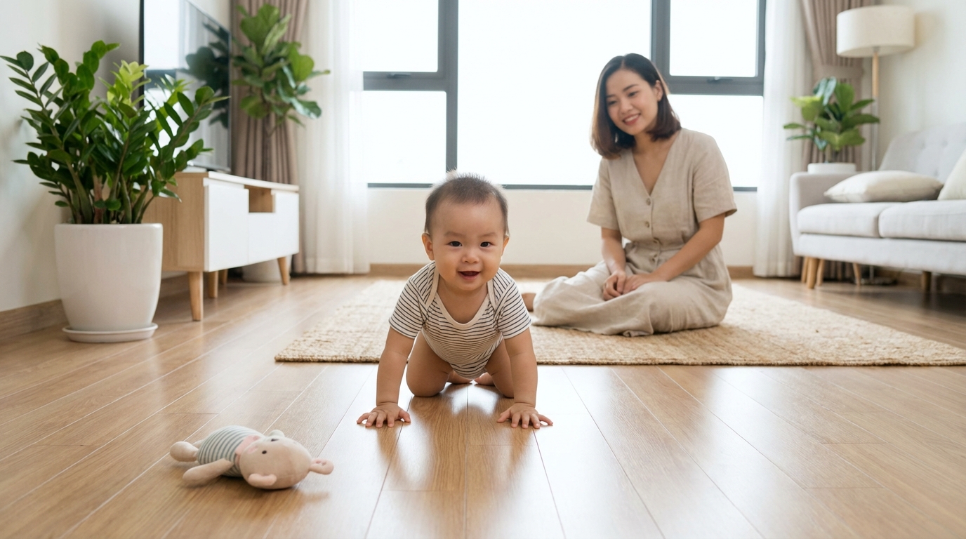 Em bé bò trên sàn nhà sạch, mẹ ngồi bên cạnh mỉm cười an tâm