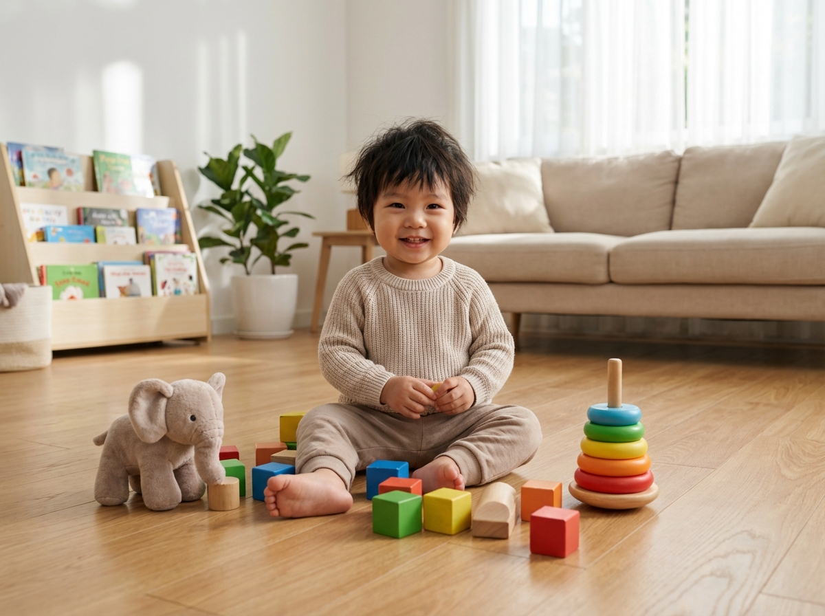 Bé ngồi chơi đồ chơi an vui trên sàn gỗ sạch, không gian gọn gàng sáng thoáng