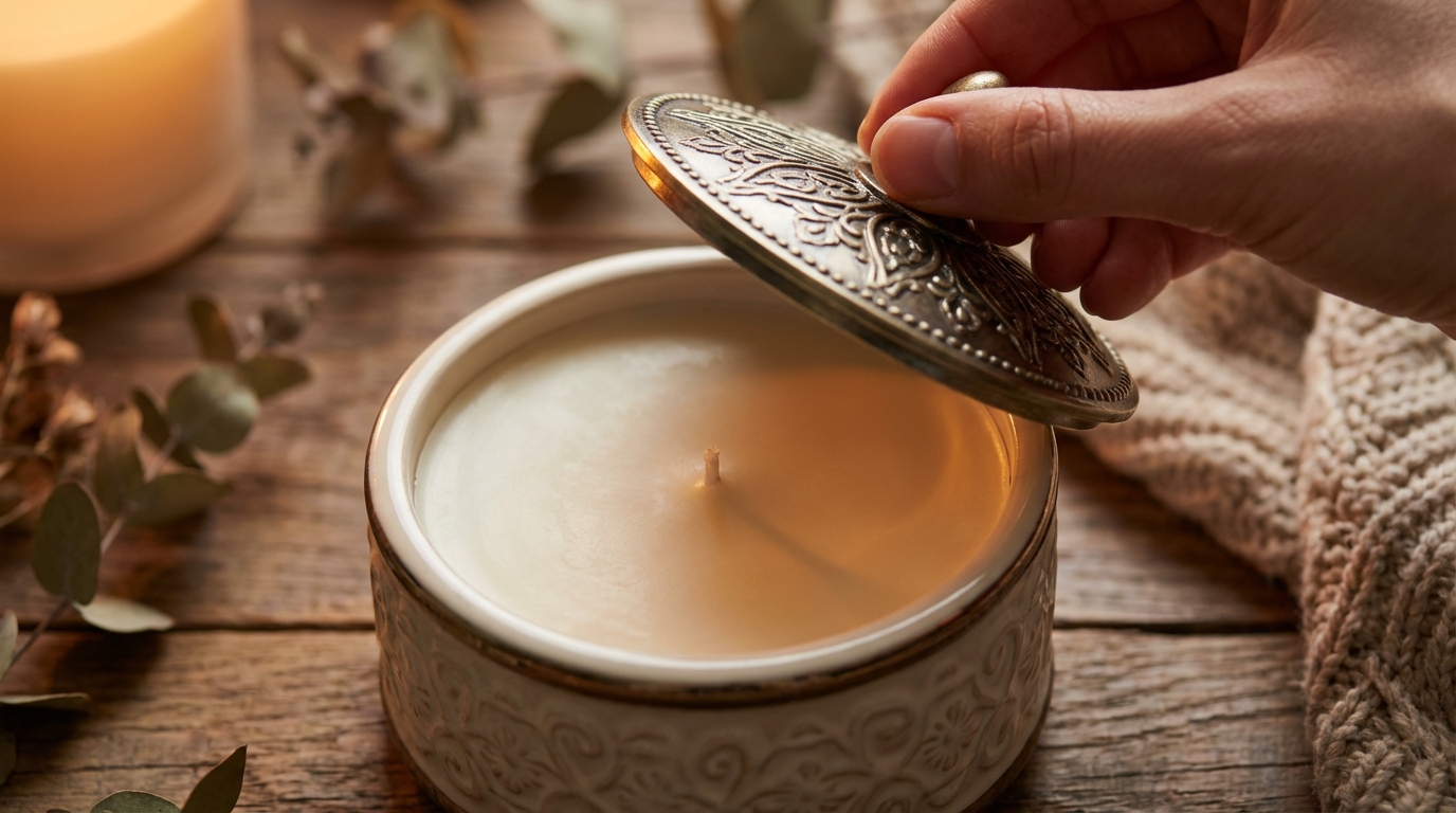 Mở nắp hộp sáp thơm Felce Azzurra thấy bề mặt sáp mịn màng bên trong