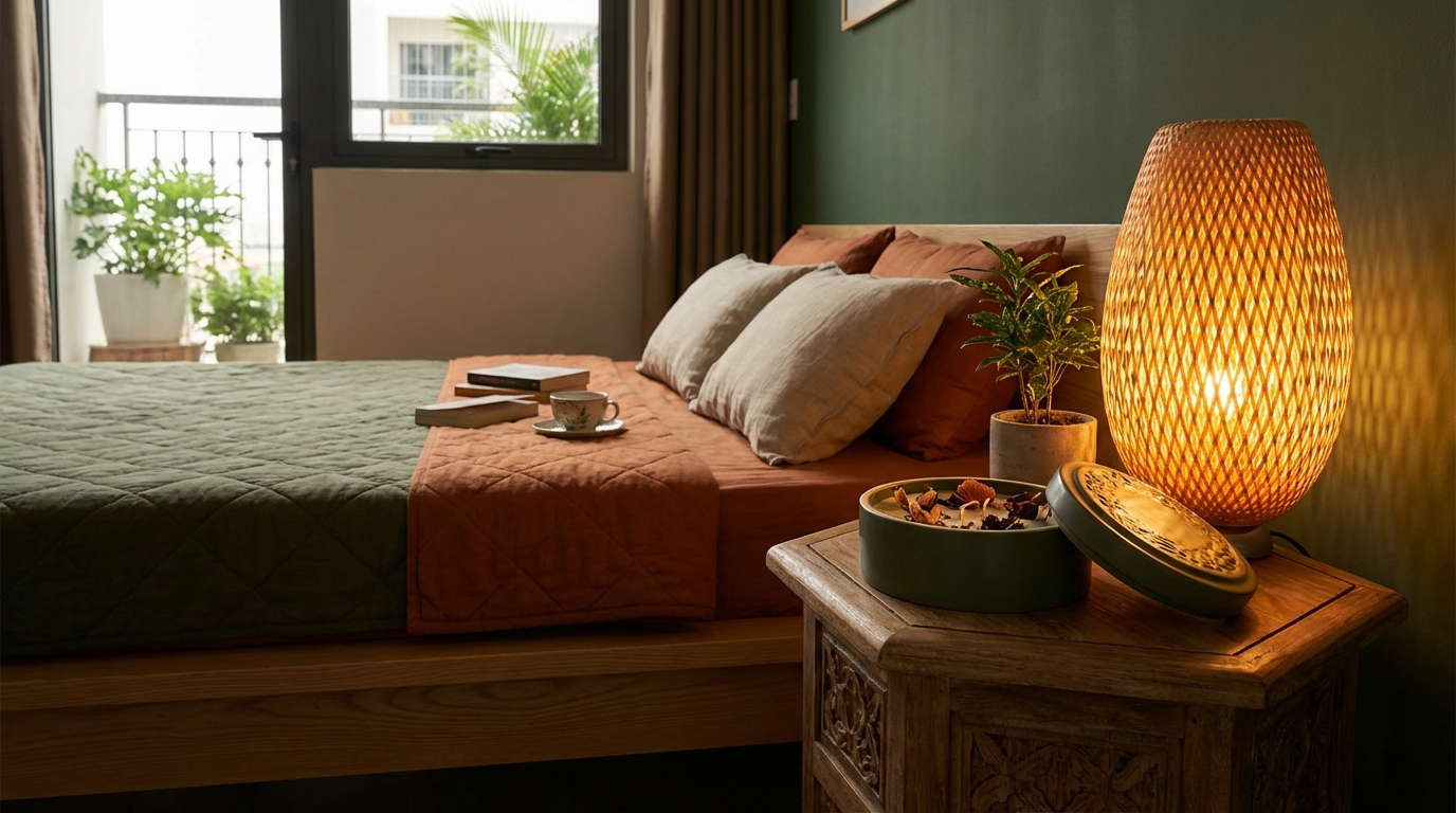 Sáp thơm Felce Azzurra trên bàn đầu giường phòng ngủ ấm cúng