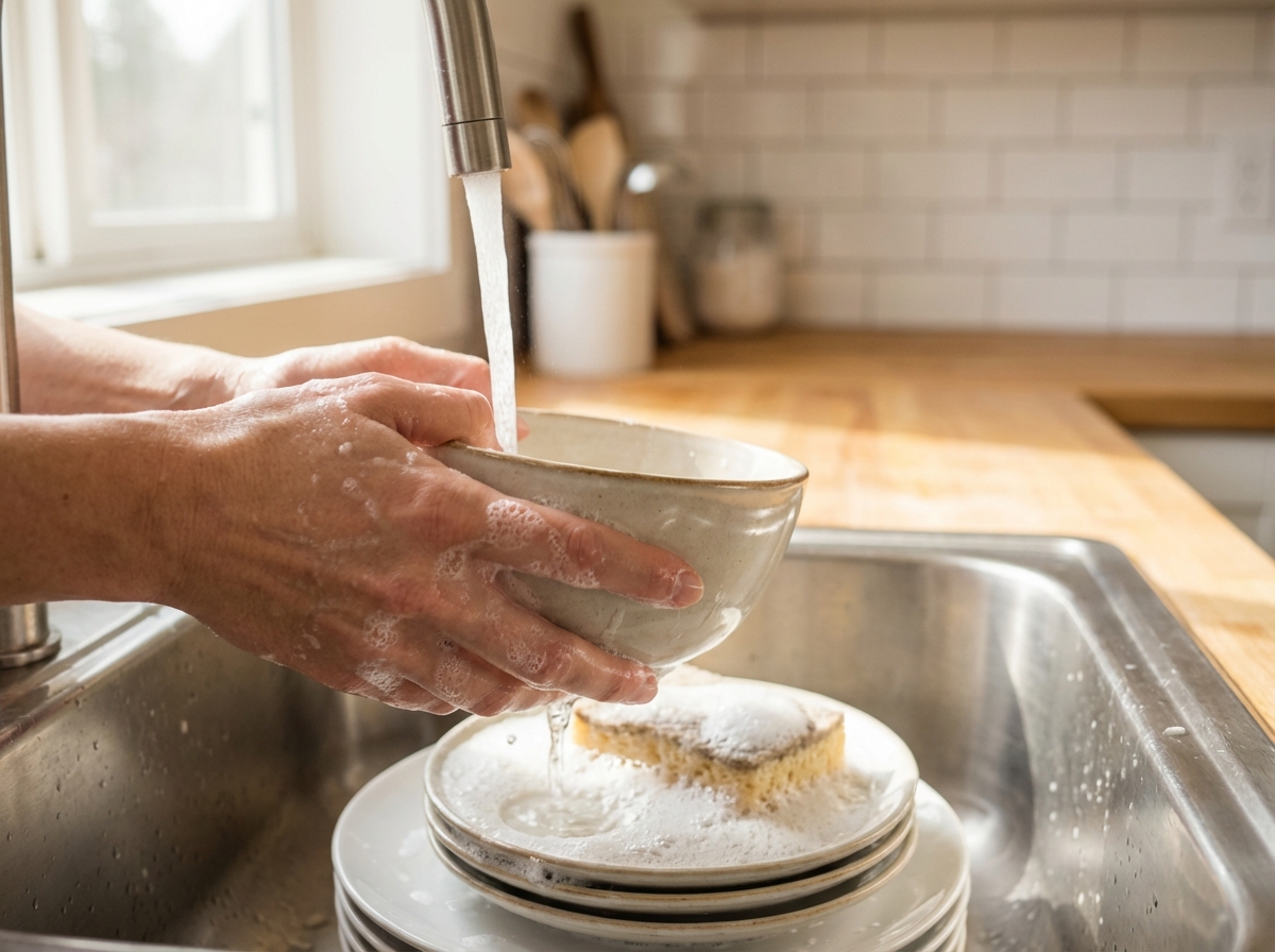 Cận cảnh tay đang rửa bát dưới vòi nước với bọt xà phòng mềm mại