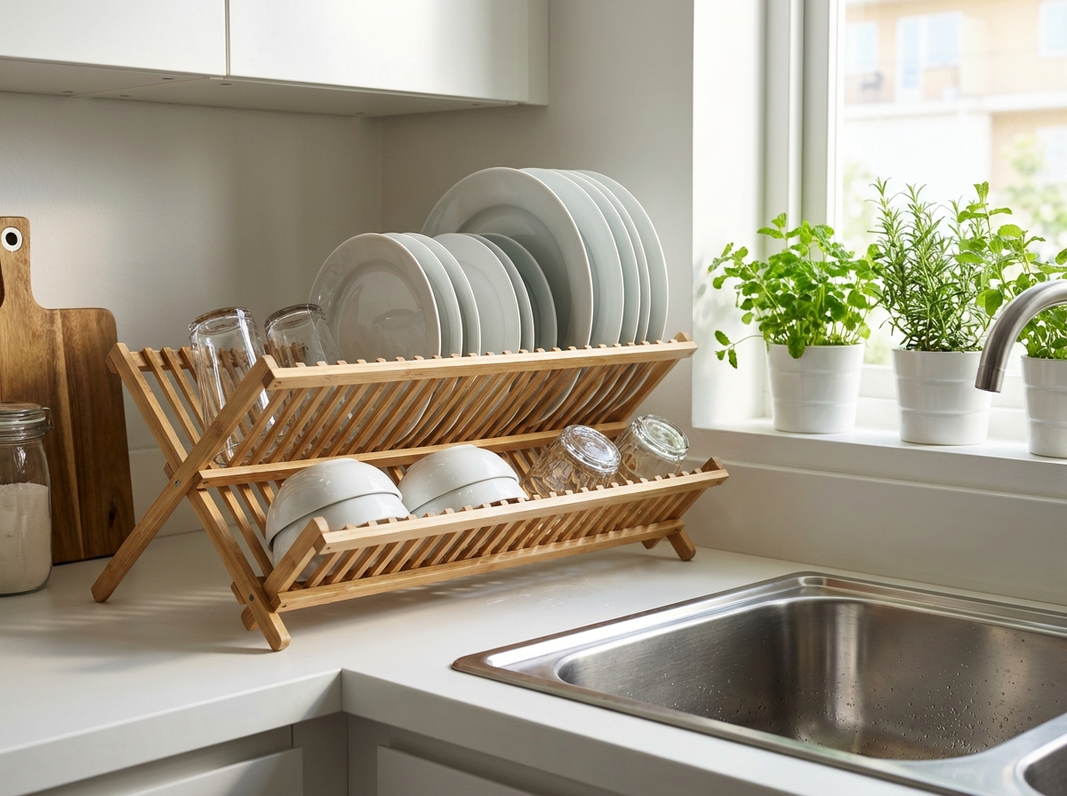 Bát đĩa sạch bóng xếp trên giá phơi trong bếp Việt Nam sáng sủa