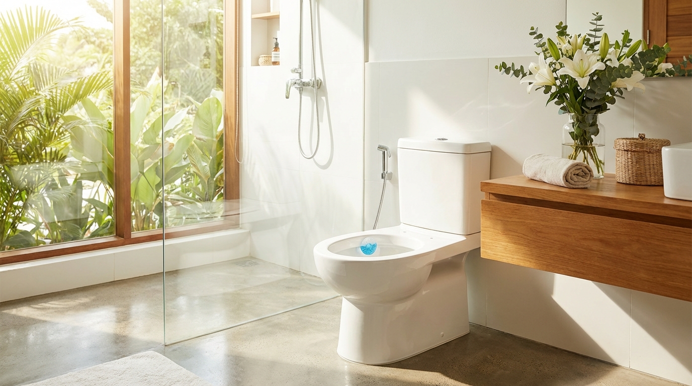 Nhà vệ sinh sạch sẽ sáng sủa, bồn cầu trắng bóng với gel thơm dán trong